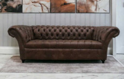 Chesterfield 3 Seater Sofa Buttoned Seat Cracked Wax T Brown Leather In Balmoral Style - thumbnail 4