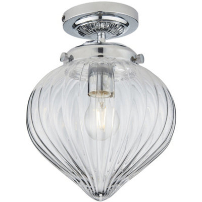 Decorative Flush Bathroom Ceiling Light Fitting - Clear Ribbed Glass Shade - image 1