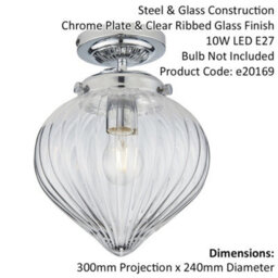 Decorative Flush Bathroom Ceiling Light Fitting - Clear Ribbed Glass Shade - thumbnail 2