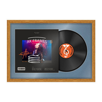 "AK Frames 25X17"" Oak Classic Vinyl Record Frame With Pompadour Mount For 12 Inch Lp Cover & Disc - Overlapped Design" - image 1
