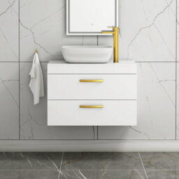 Royal Bathrooms 800mm Wall Hung Vanity Unit 2 Drawer Gloss White & Elva Countertop Basin With Brushed Brass Handle - thumbnail 1
