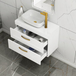 Royal Bathrooms 800mm Wall Hung Vanity Unit 2 Drawer Gloss White & Elva Countertop Basin With Brushed Brass Handle - thumbnail 3