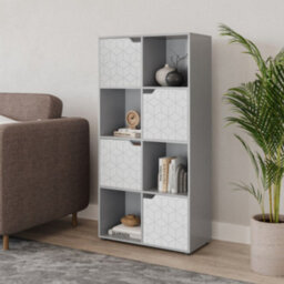 Urbn-Living Urbnliving 119Cm Height 8 Cubes Grey Wooden Bookcase Display Shelf Storage Cabinet With Modern Geo White Door - thumbnail 3