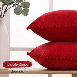 Deconovo 2 Pack Pom Pom Large Crushed Velvet Cushion Covers With Invisible Zipper 65Cm X 65Cm Red - thumbnail 2