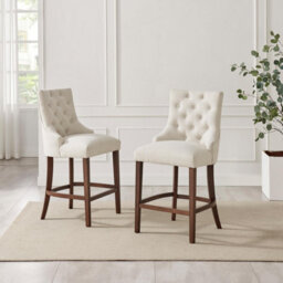 Furniturebox Uk 2X Belgravia Beige Fabric Bar Chairs Walnut Effect Legs - thumbnail 2