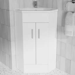 Bubly Bathrooms Compact Gloss White Corner Cloakroom Vanity Unit With Ceramic Basin & Soft-Close Double Doors