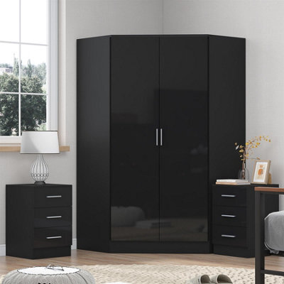 Reflect 3Pc Wardrobe Bundle - 2 Door Corner + 2X 3 Drawer Bedsides - Black Gloss & Black Oak - H: 180Cm X W: 179Cm X D: 103Cm - image 1
