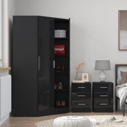 Reflect 3Pc Wardrobe Bundle - 2 Door Corner + 2X 3 Drawer Bedsides - Black Gloss & Black Oak - H: 180Cm X W: 179Cm X D: 103Cm - thumbnail 4