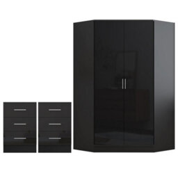 Reflect 3Pc Wardrobe Bundle - 2 Door Corner + 2X 3 Drawer Bedsides - Black Gloss & Black Oak - H: 180Cm X W: 179Cm X D: 103Cm - thumbnail 5