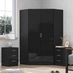 Reflect 3Pc Wardrobe Bundle - 2 Door Corner + 2X 3 Drawer Bedsides - Black Gloss & Black Oak - H: 180Cm X W: 179Cm X D: 103Cm - thumbnail 1