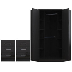 Reflect 3Pc Wardrobe Bundle - 2 Door Corner + 2X 3 Drawer Bedsides - Black Gloss & Black Oak - H: 180Cm X W: 179Cm X D: 103Cm - thumbnail 6