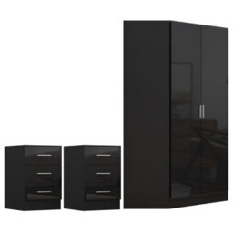 Reflect 3Pc Wardrobe Bundle - 2 Door Corner + 2X 3 Drawer Bedsides - Black Gloss & Black Oak - H: 180Cm X W: 179Cm X D: 103Cm - thumbnail 7