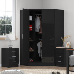 Reflect 3Pc Wardrobe Bundle - 2 Door Corner + 2X 3 Drawer Bedsides - Black Gloss & Black Oak - H: 180Cm X W: 179Cm X D: 103Cm - thumbnail 2