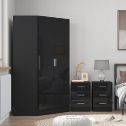 Reflect 3Pc Wardrobe Bundle - 2 Door Corner + 2X 3 Drawer Bedsides - Black Gloss & Black Oak - H: 180Cm X W: 179Cm X D: 103Cm - thumbnail 3