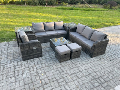 Fimous 9 Seater Outdoor Rattan Garden Furniture Set Conservatory Patio Sofa Coffee Table With Reclining Chair 2 Small Footstools - image 1