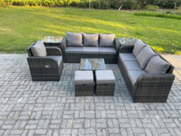 Fimous 9 Seater Outdoor Rattan Garden Furniture Set Conservatory Patio Sofa Coffee Table With Reclining Chair 2 Small Footstools - thumbnail 2