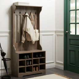 Wyld And Coco Dark Brown Wall-Mount Shoe Cabinet With Coat Rack - 10 Cubbies, 5 Hooks, Space-Saving Hallway Storage - thumbnail 2