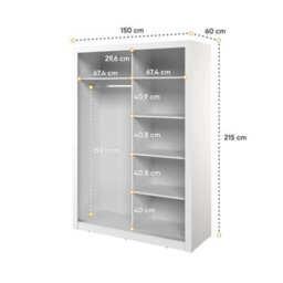 Arte Elegant White Lux 18 Sliding Door Wardrobe H2150mm W1500mm D600mm With Mirrored Panels - thumbnail 4