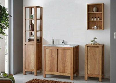 Impact Furniture Freestanding Bathroom Cabinets Furniture Set 800mm Vanity Sink Unit With Tallboy And Wall Storage Oak Effect Classic - image 1