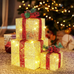 Set Of 3 Christmas Lighted Gift Boxes Decorations Led Tree Skirt Ornament Décor - thumbnail 6
