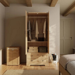 Oak 2 Door 2 Drawer Panelled Wardrobe W/ Top Hanging Rail Freestanding Storage - thumbnail 5