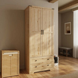 Oak 2 Door 2 Drawer Panelled Wardrobe W/ Top Hanging Rail Freestanding Storage - thumbnail 4