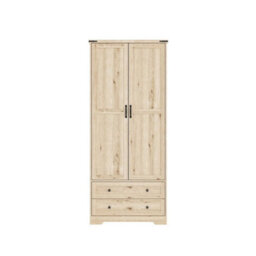 Oak 2 Door 2 Drawer Panelled Wardrobe W/ Top Hanging Rail Freestanding Storage - thumbnail 1