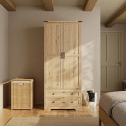 Oak 2 Door 2 Drawer Panelled Wardrobe W/ Top Hanging Rail Freestanding Storage - thumbnail 3
