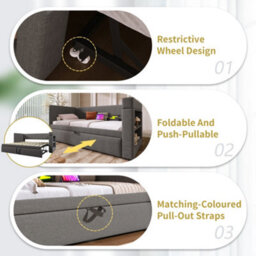 Matteo Grey Linen Upholstered Daybed With Pull-Out Trundle, 3Ft Single Sofa Guest Bed With Usb/type-C Charging & Cup Holders - thumbnail 5