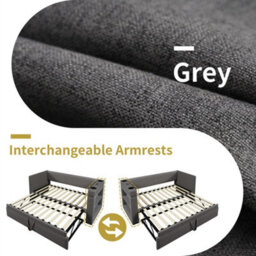 Matteo Grey Linen Upholstered Daybed With Pull-Out Trundle, 3Ft Single Sofa Guest Bed With Usb/type-C Charging & Cup Holders - thumbnail 4
