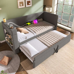 Matteo Grey Linen Upholstered Daybed With Pull-Out Trundle, 3Ft Single Sofa Guest Bed With Usb/type-C Charging & Cup Holders - thumbnail 9
