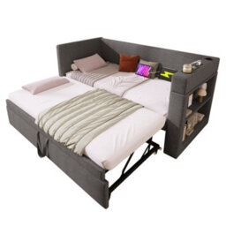 Matteo Grey Linen Upholstered Daybed With Pull-Out Trundle, 3Ft Single Sofa Guest Bed With Usb/type-C Charging & Cup Holders - thumbnail 8