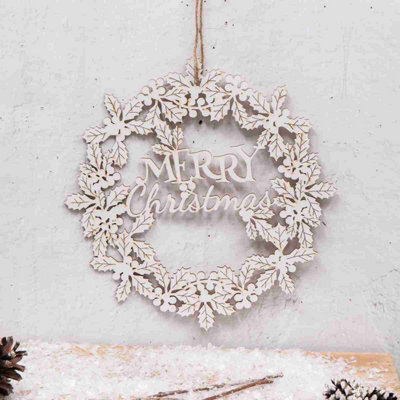 Annibells White Wooden Hanging 'merry Christmas' Holly Wreath (11149)