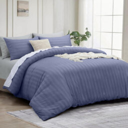 Bedlooms Washed Blue Stripe Duvet Cover Complete Bedding Set, Breathable & Anti-Allergic Microfiber, Super King 260X220Cm - thumbnail 1