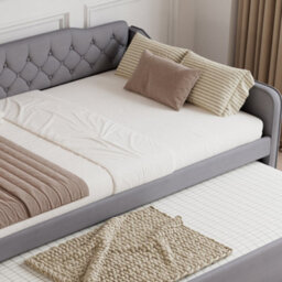 Btm 4Ft6 Upholstered Daybed Sofa Bed  Velvet Trundle Bed Frame, Pullout Bed For Adults And Teens, Grey - thumbnail 7