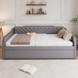 Btm 4Ft6 Upholstered Daybed Sofa Bed  Velvet Trundle Bed Frame, Pullout Bed For Adults And Teens, Grey - thumbnail 2
