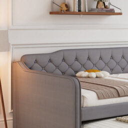 Btm 4Ft6 Upholstered Daybed Sofa Bed  Velvet Trundle Bed Frame, Pullout Bed For Adults And Teens, Grey - thumbnail 8