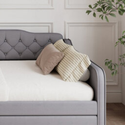 Btm 4Ft6 Upholstered Daybed Sofa Bed  Velvet Trundle Bed Frame, Pullout Bed For Adults And Teens, Grey - thumbnail 9