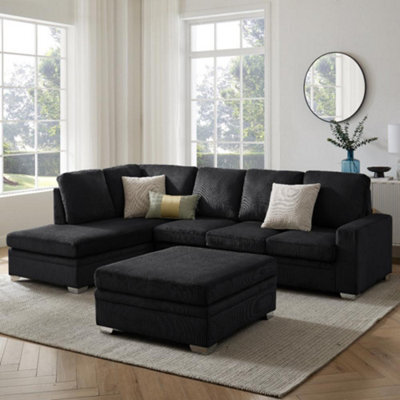 Home Detail Alana Left-Hand Facing Corner Sofa With Footstool, Black Jumbo Cord - image 1