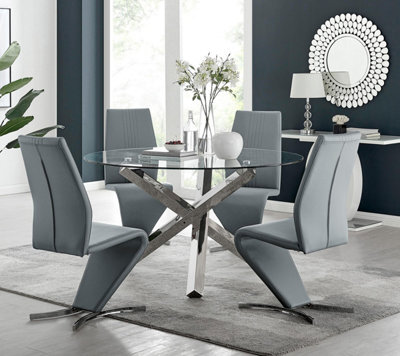 Furniturebox Uk Vogue Large Round Chrome Metal Clear Glass Dining Table And 4 Elephant Grey Willow Dining Chairs Set - image 1