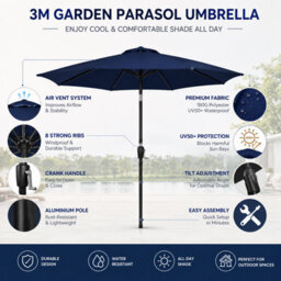 Billtix 3M Garden Parasol Umbrella Crank Tilt Outdoor Patio Sun Shade Canopy Uv Water Resistant Navy Blue 3.8Cm Pole 290Cm - thumbnail 9