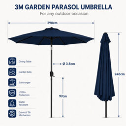 Billtix 3M Garden Parasol Umbrella Crank Tilt Outdoor Patio Sun Shade Canopy Uv Water Resistant Navy Blue 3.8Cm Pole 290Cm - thumbnail 2