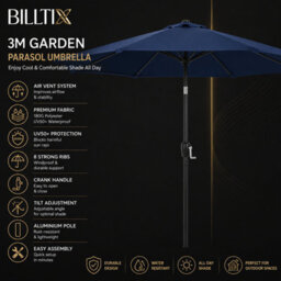 Billtix 3M Garden Parasol Umbrella Crank Tilt Outdoor Patio Sun Shade Canopy Uv Water Resistant Navy Blue 3.8Cm Pole 290Cm - thumbnail 3