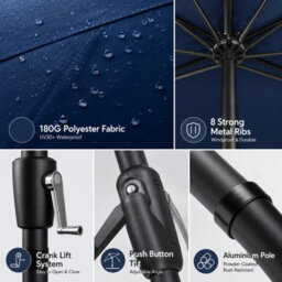 Billtix 3M Garden Parasol Umbrella Crank Tilt Outdoor Patio Sun Shade Canopy Uv Water Resistant Navy Blue 3.8Cm Pole 290Cm - thumbnail 7