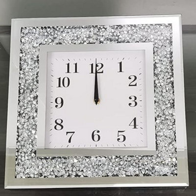 Biznest Square Number Analogue 40X40Cm Silver Crushed Crystal Diamond Filled Sparkl Wall Clock