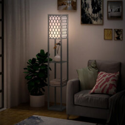 Homcom Modern Floor Lamp Light With 3 Shelves Fabric Lampshade Black