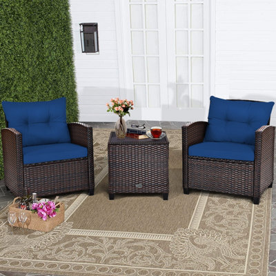 Costway 3 Pcs Patio Rattan Sofa Chair & Table Set Outdoor Wicker Bistro Set-Navy - image 1