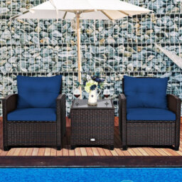Costway 3 Pcs Patio Rattan Sofa Chair & Table Set Outdoor Wicker Bistro Set-Navy - thumbnail 4