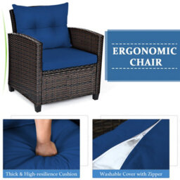 Costway 3 Pcs Patio Rattan Sofa Chair & Table Set Outdoor Wicker Bistro Set-Navy - thumbnail 6