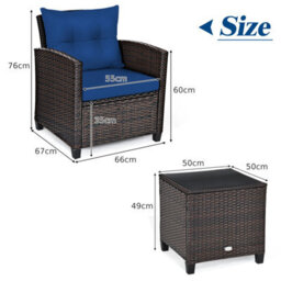 Costway 3 Pcs Patio Rattan Sofa Chair & Table Set Outdoor Wicker Bistro Set-Navy - thumbnail 3